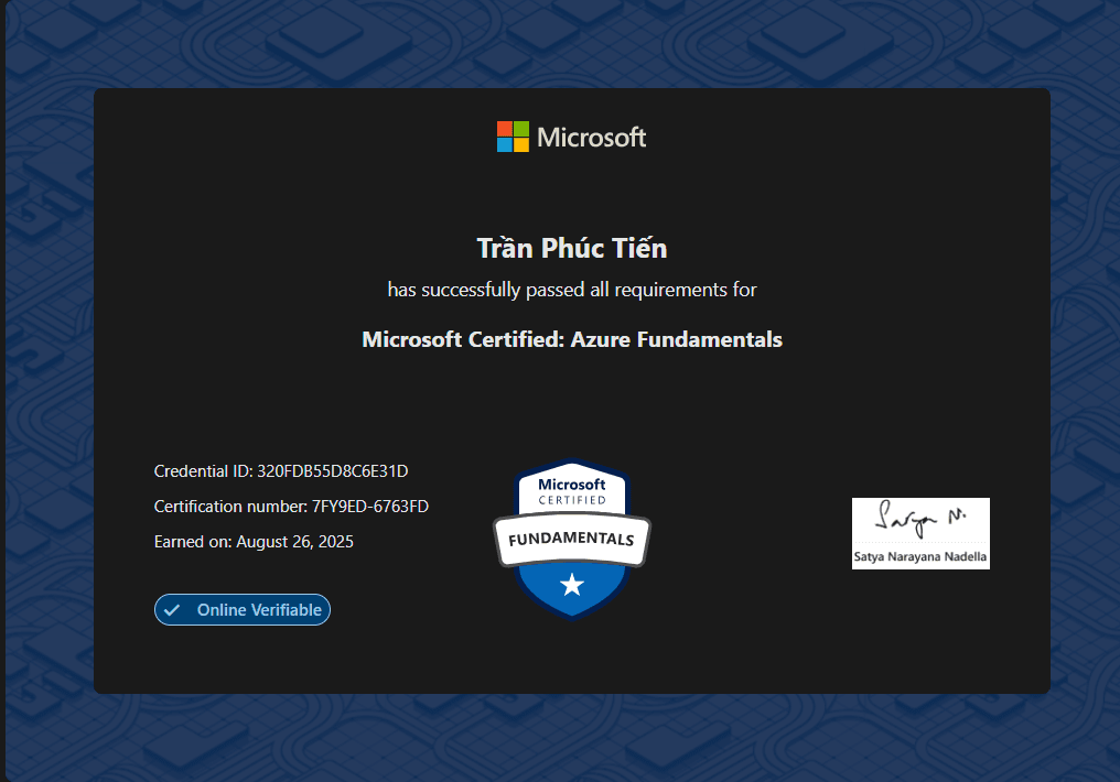 Microsoft Azure Fundamentals (AZ-900) certificate