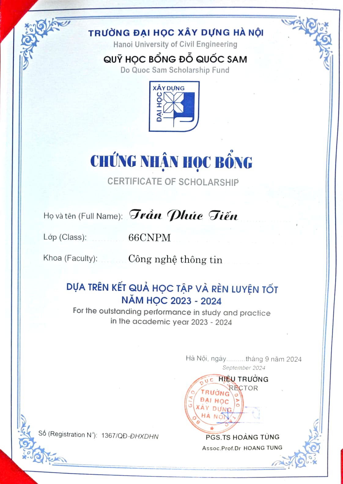 Đỗ Quốc Sam scholarship certificate